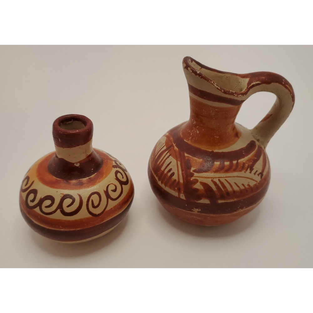 Set of Vintage Mexican Pottery Pieces -Hand Painted Small Brown Vase and Pitcher